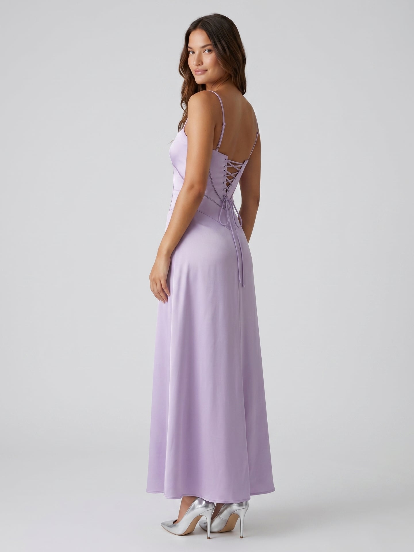 Lavender Satin Column Straight Neck Lace-up Floor-Length Bridesmaid Dress