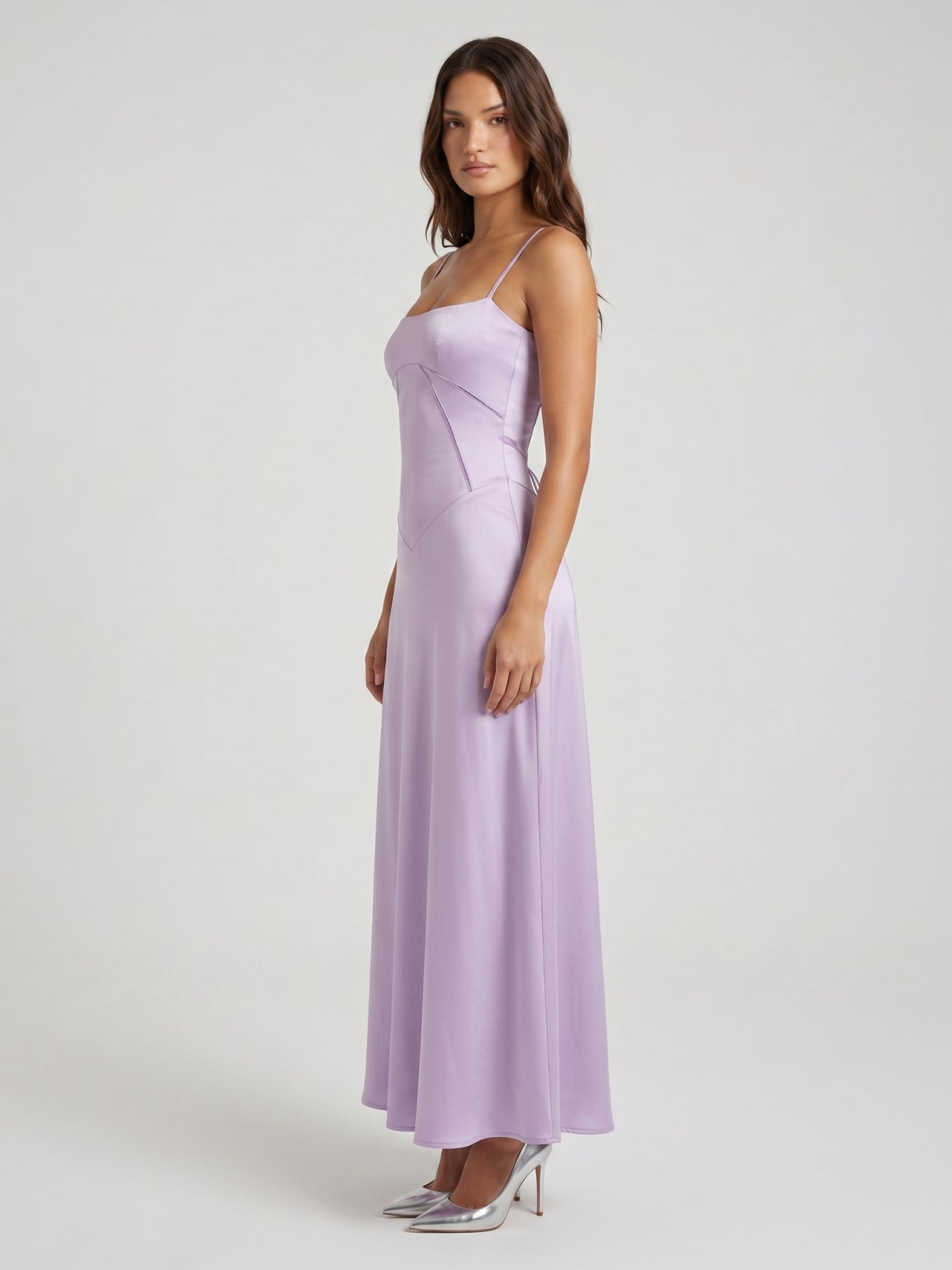Lavender Satin Column Straight Neck Lace-up Floor-Length Bridesmaid Dress