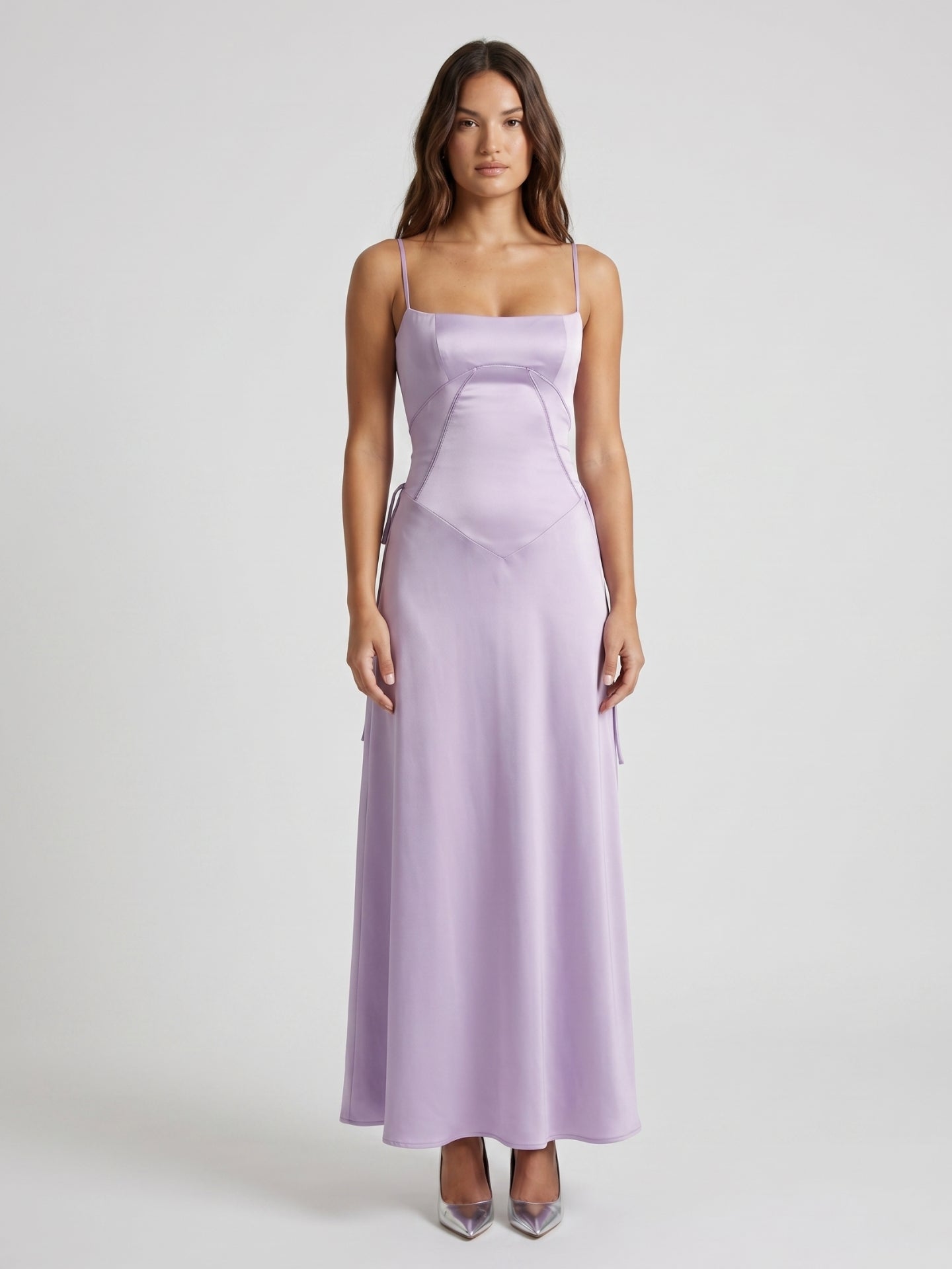 Lavender Satin Column Straight Neck Lace-up Floor-Length Bridesmaid Dress