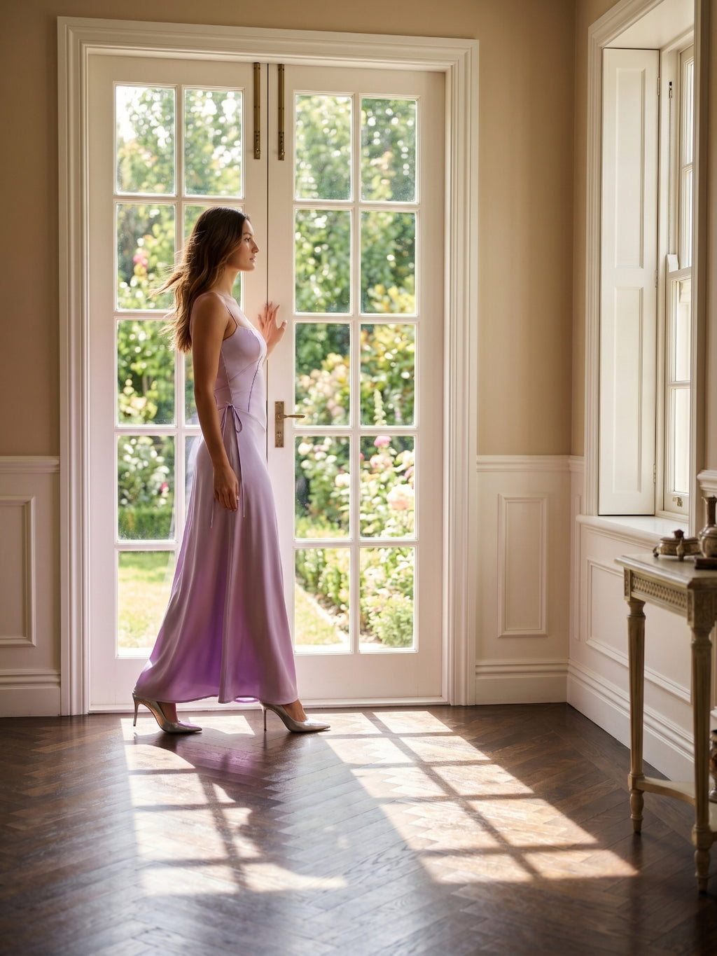 Lavender Satin Column Straight Neck Lace-up Floor-Length Bridesmaid Dress