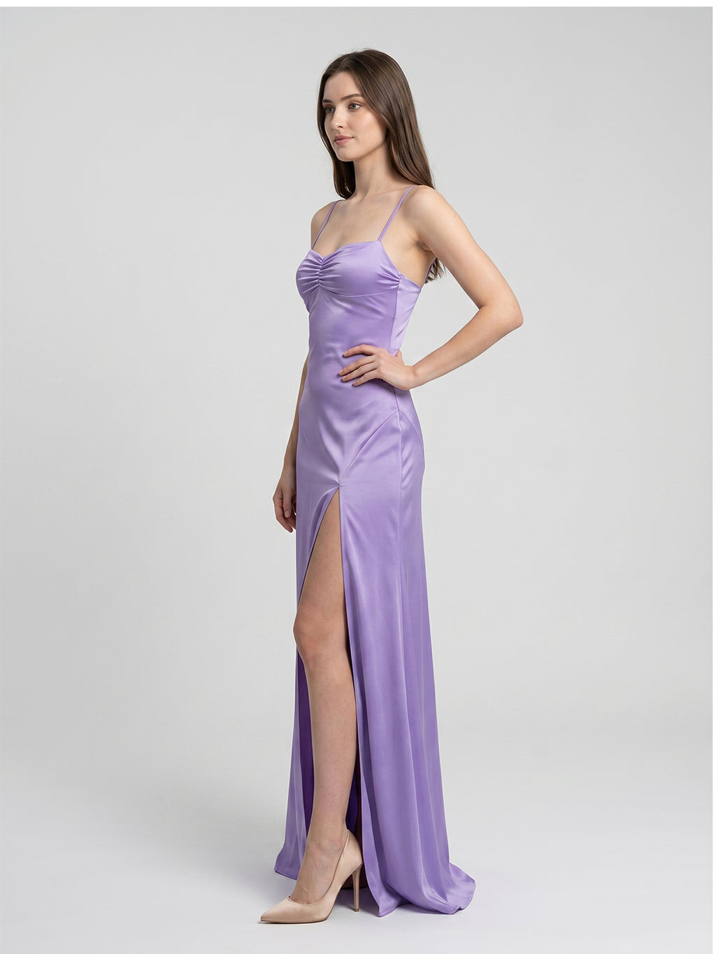 Lavender Satin Column Sweetheart Back Zip Floor-Length Bridesmaid Dress