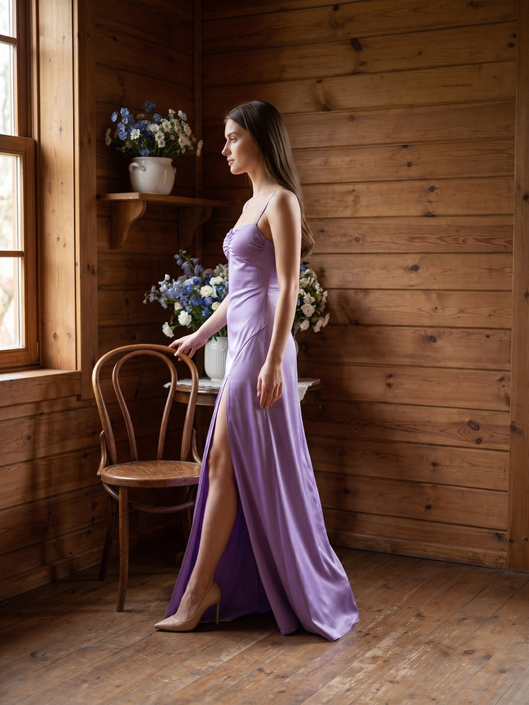 Lavender Satin Column Sweetheart Back Zip Floor-Length Bridesmaid Dress