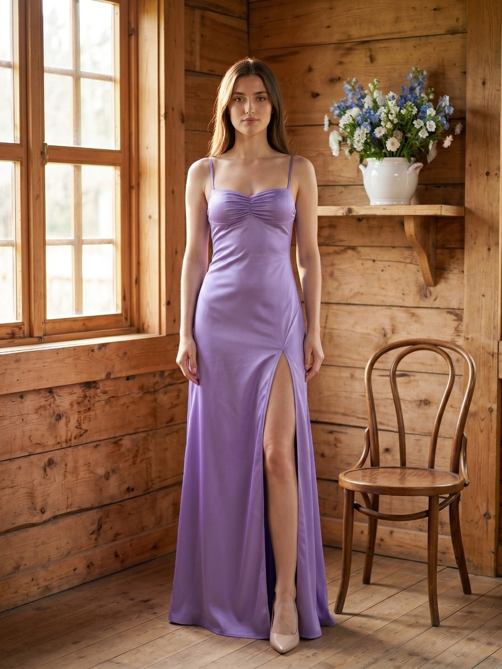 Lavender Satin Column Sweetheart Back Zip Floor-Length Bridesmaid Dress