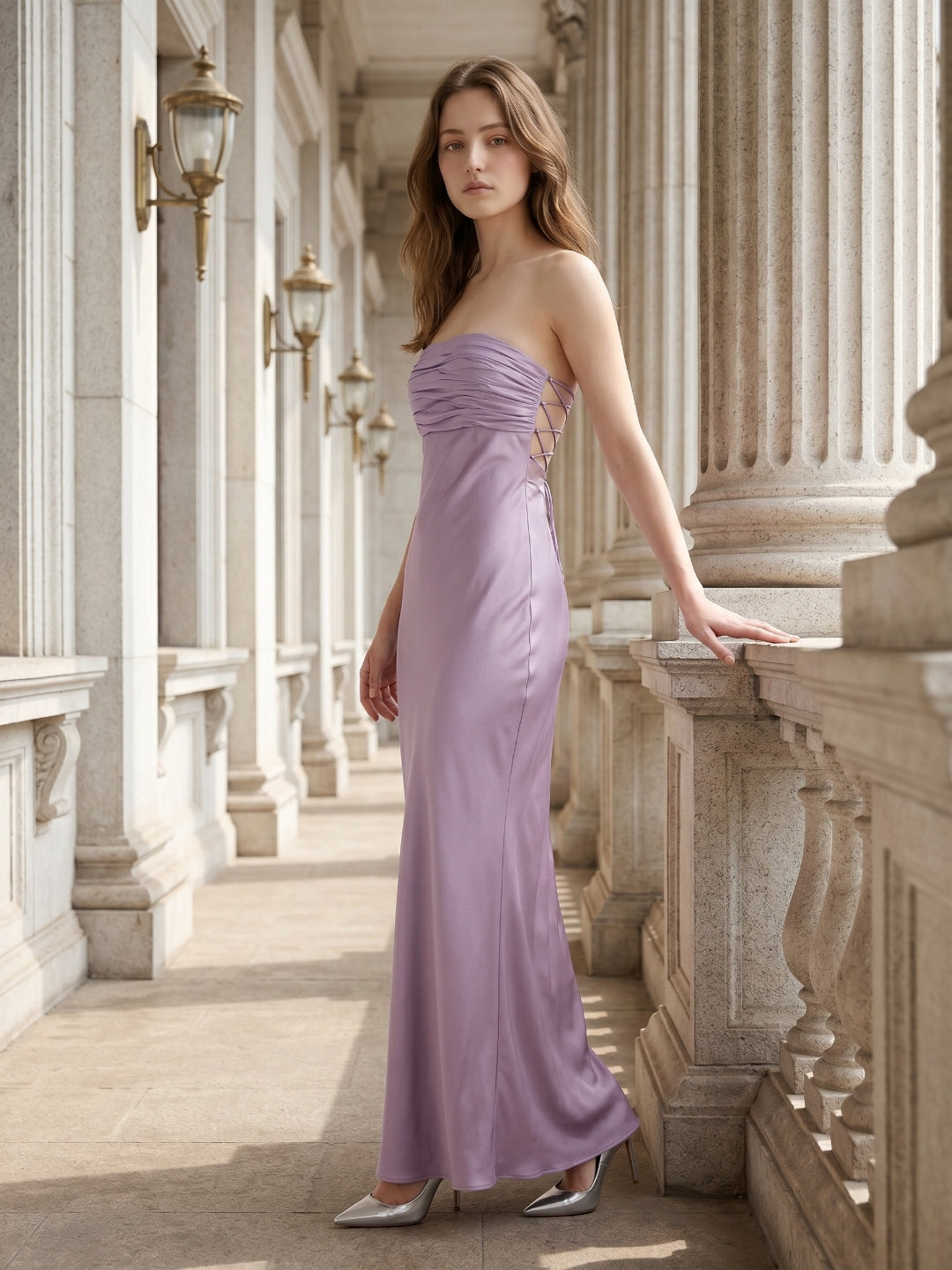 Lavender Satin Mermaid Straight Neck Criss-Cross Straps Floor-Length Bridesmaid Dress