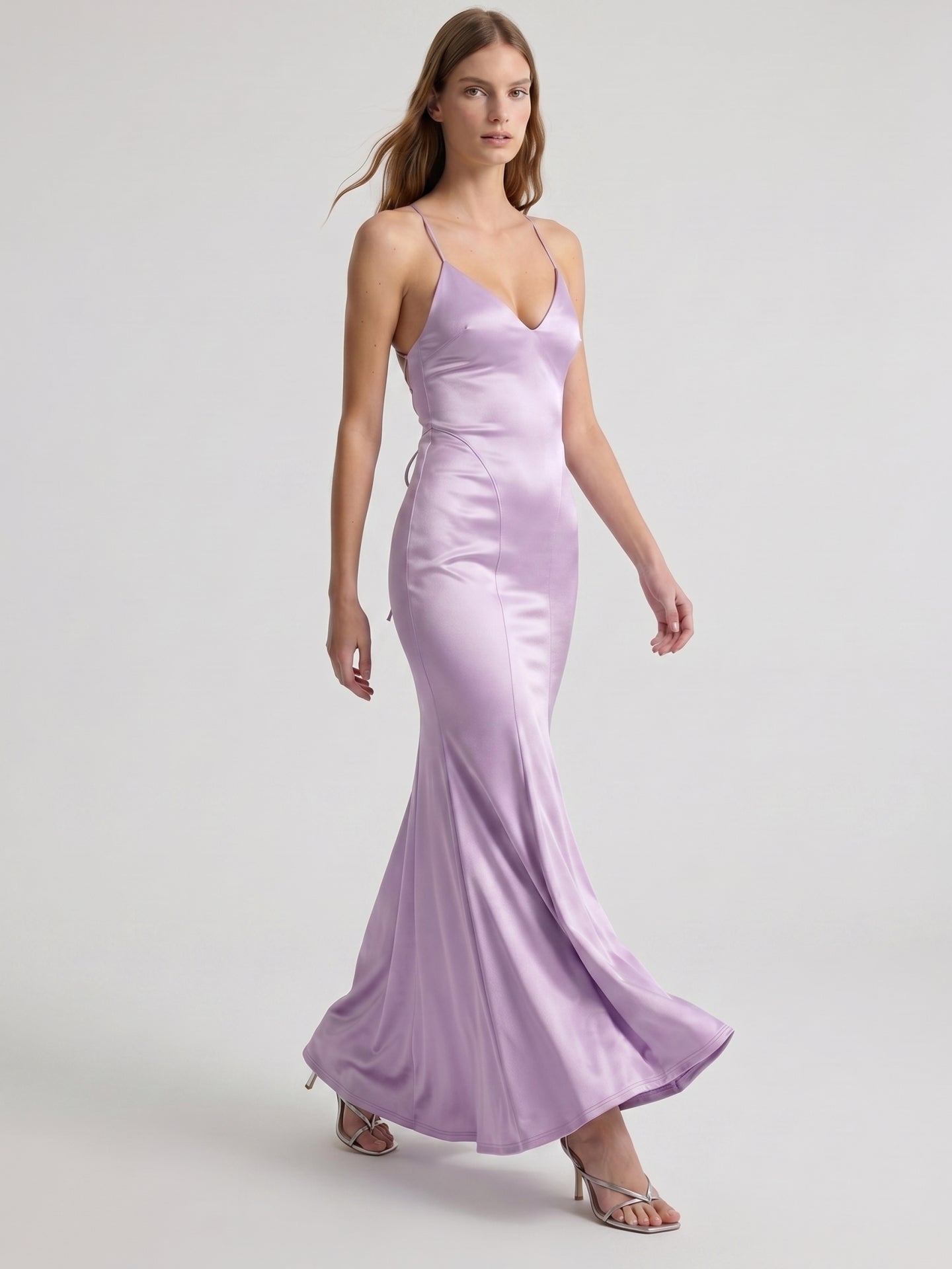 Lavender Satin Mermaid V-Neck Lace-up Ankle-Length Bridesmaid Dress