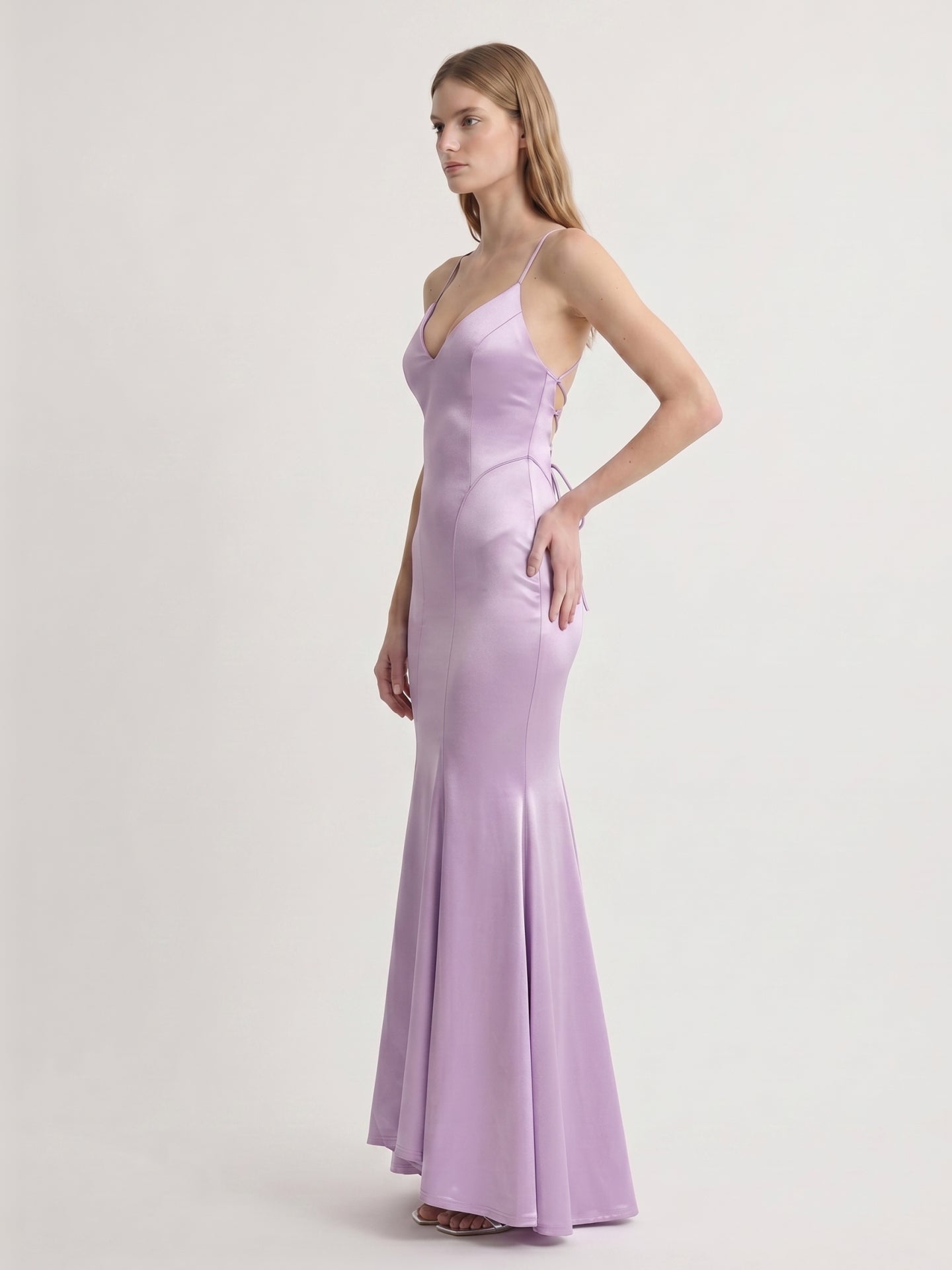 Lavender Satin Mermaid V-Neck Lace-up Ankle-Length Bridesmaid Dress