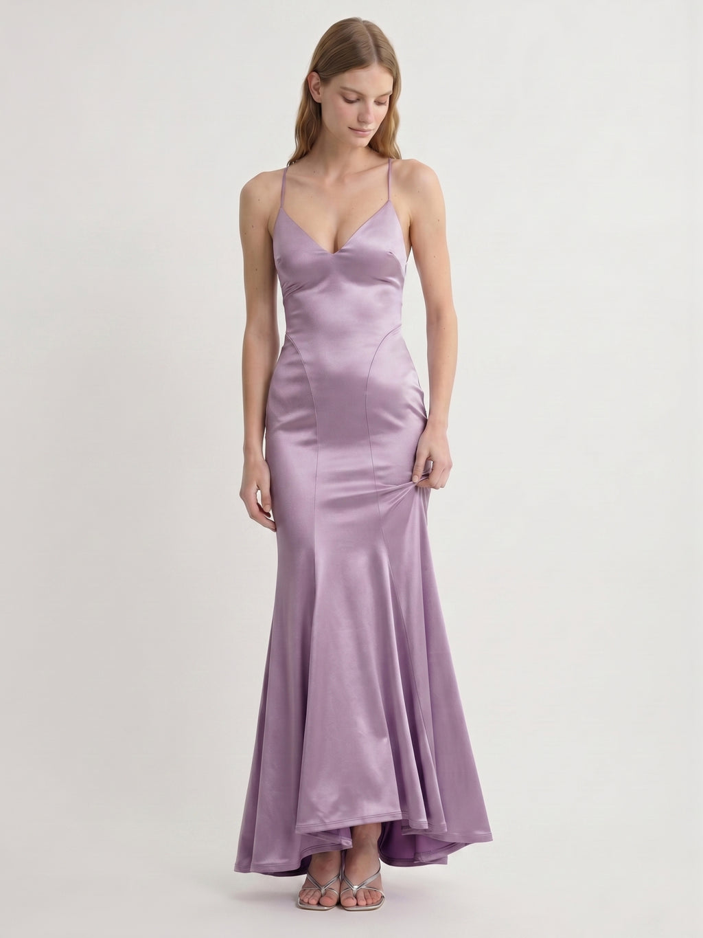 Lavender Satin Mermaid V-Neck Lace-up Ankle-Length Bridesmaid Dress