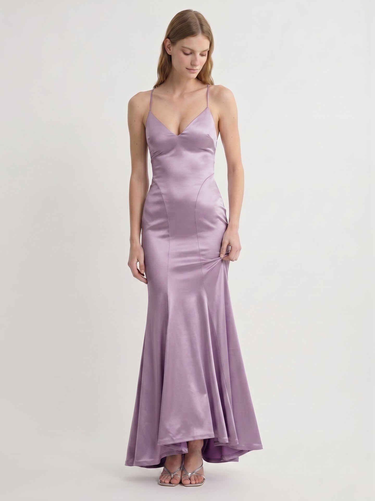 Lavender Satin Mermaid V-Neck Lace-up Ankle-Length Bridesmaid Dress
