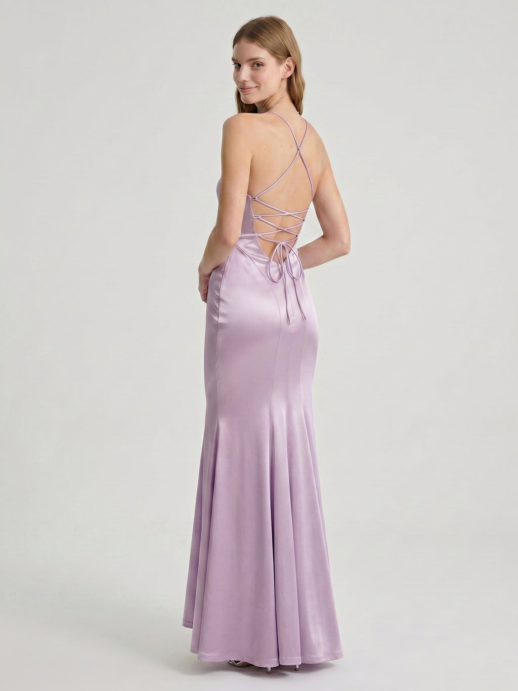 Lavender Satin Mermaid V-Neck Lace-up Ankle-Length Bridesmaid Dress