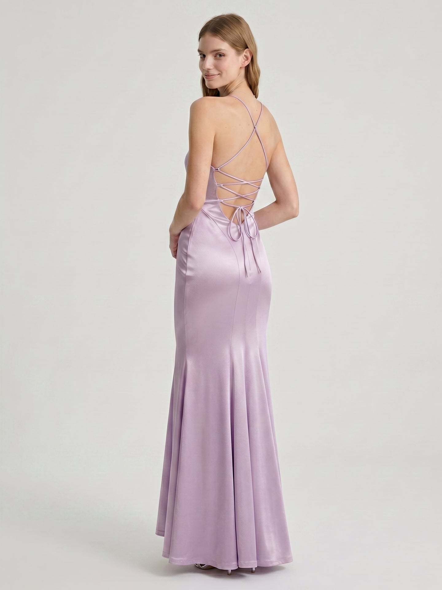 Lavender Satin Mermaid V-Neck Lace-up Ankle-Length Bridesmaid Dress