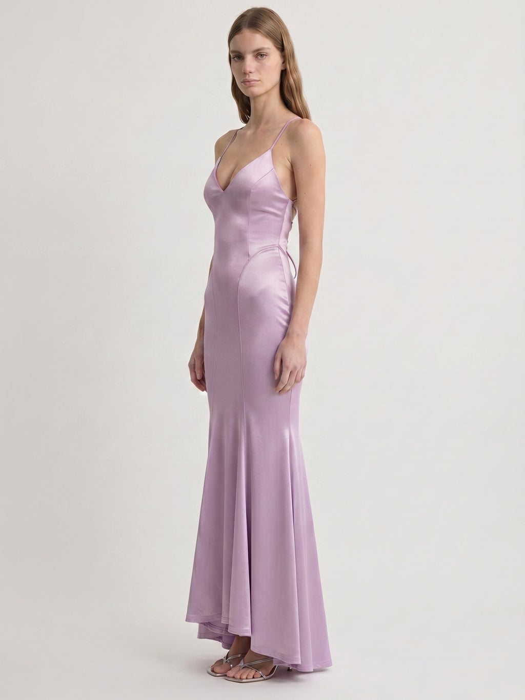 Lavender Satin Mermaid V-Neck Lace-up Ankle-Length Bridesmaid Dress