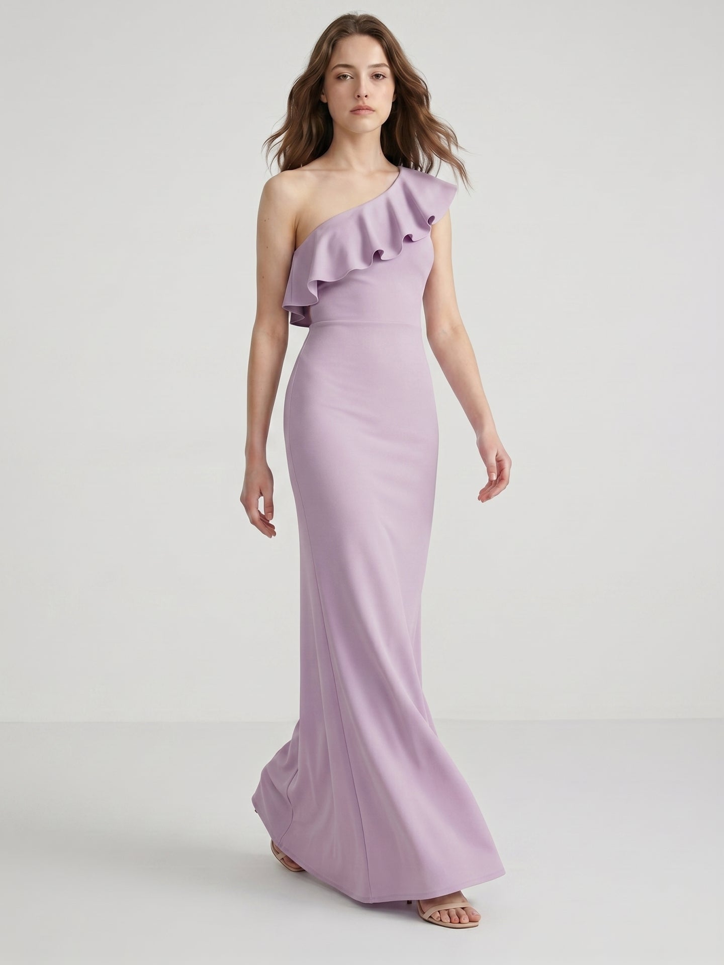 Lavender Stretch Knit Trumpet One Shoulder Side Zip Floor-Length Bridesmaid Dress