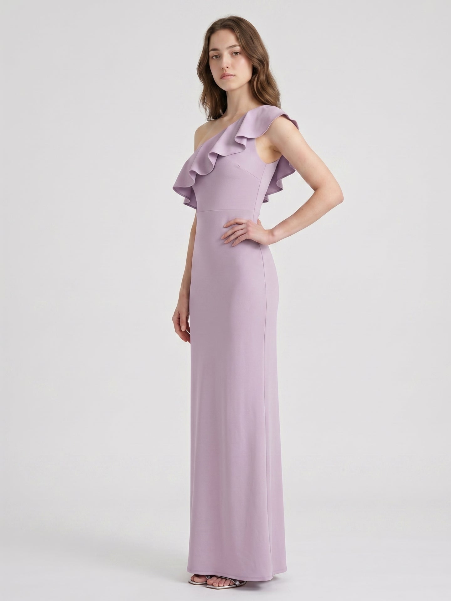 Lavender Stretch Knit Trumpet One Shoulder Side Zip Floor-Length Bridesmaid Dress