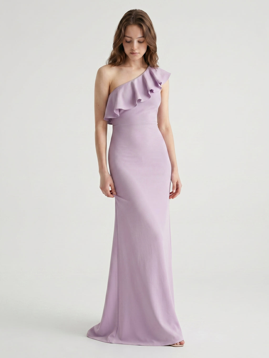 Lavender Stretch Knit Trumpet One Shoulder Side Zip Floor-Length Bridesmaid Dress