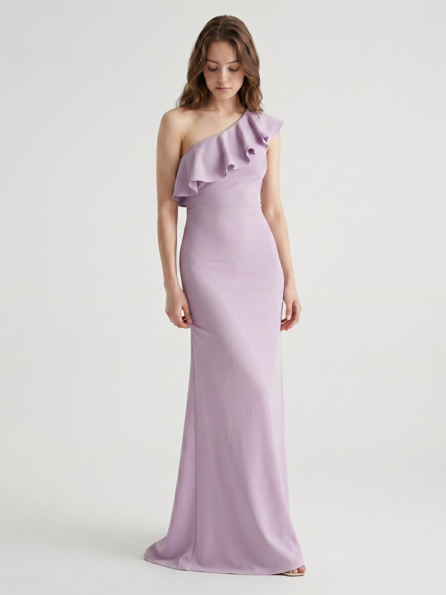 Lavender Stretch Knit Trumpet One Shoulder Side Zip Floor-Length Bridesmaid Dress
