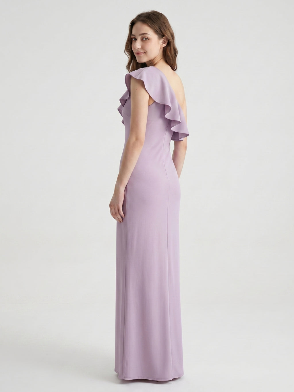 Lavender Stretch Knit Trumpet One Shoulder Side Zip Floor-Length Bridesmaid Dress