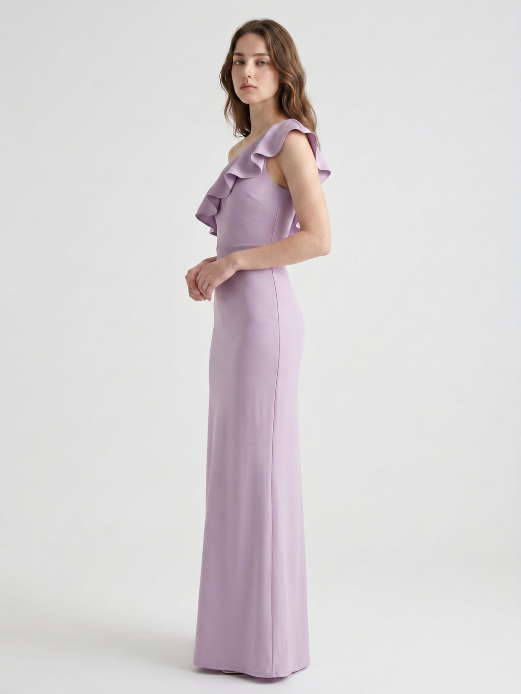 Lavender Stretch Knit Trumpet One Shoulder Side Zip Floor-Length Bridesmaid Dress
