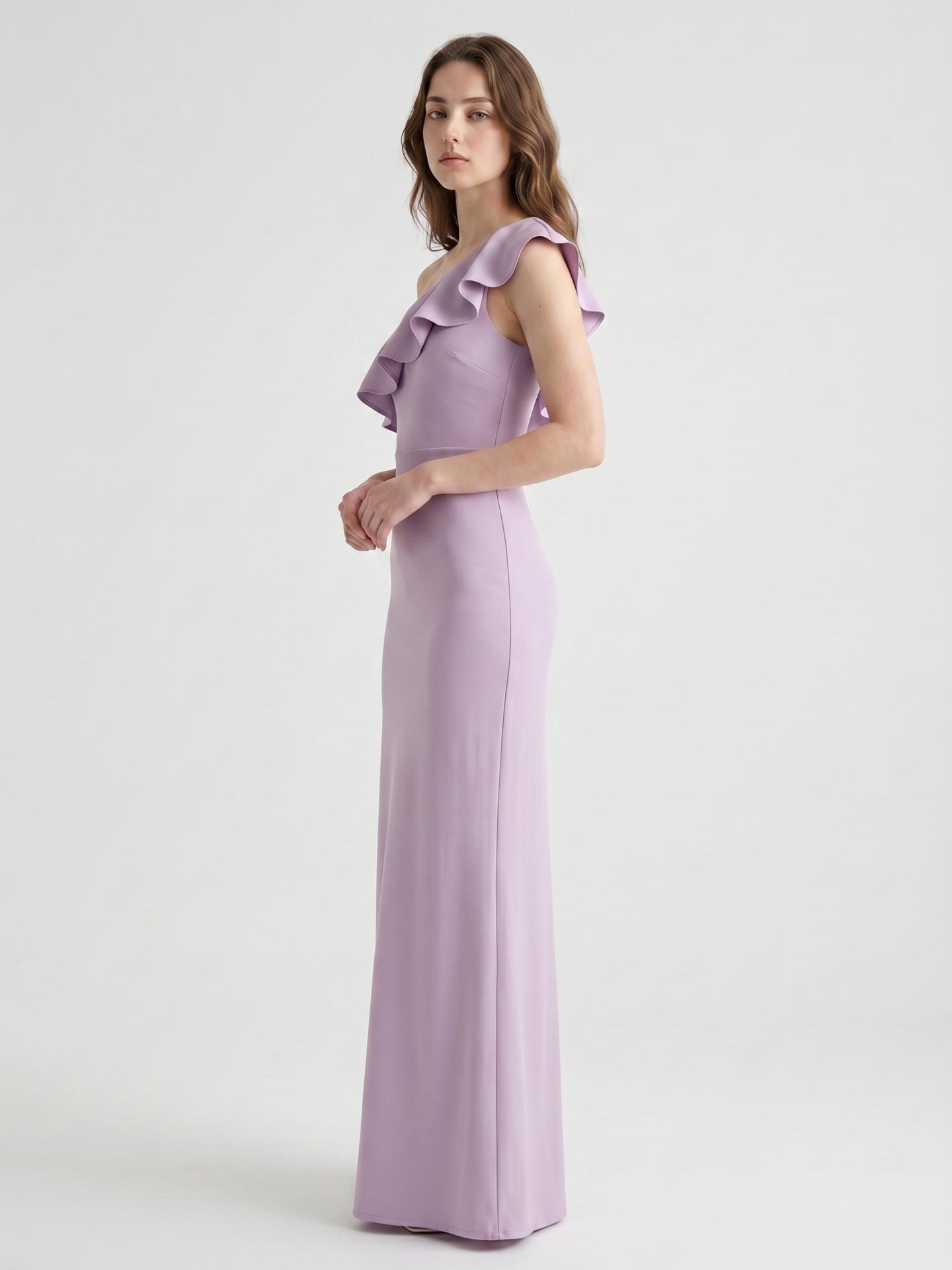 Lavender Stretch Knit Trumpet One Shoulder Side Zip Floor-Length Bridesmaid Dress