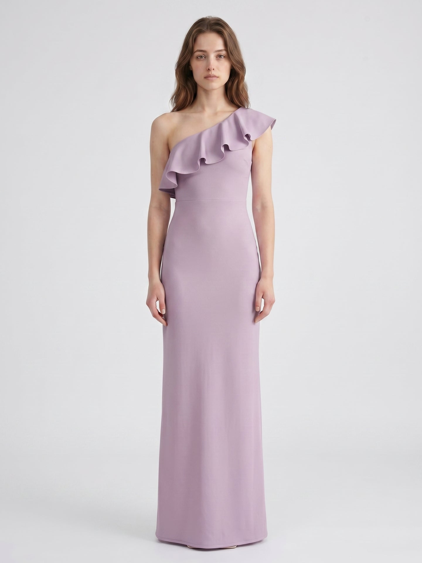 Lavender Stretch Knit Trumpet One Shoulder Side Zip Floor-Length Bridesmaid Dress