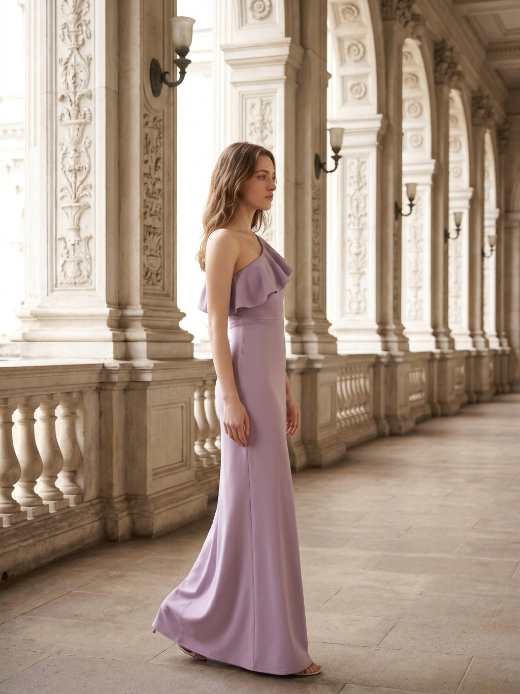 Lavender Stretch Knit Trumpet One Shoulder Side Zip Floor-Length Bridesmaid Dress