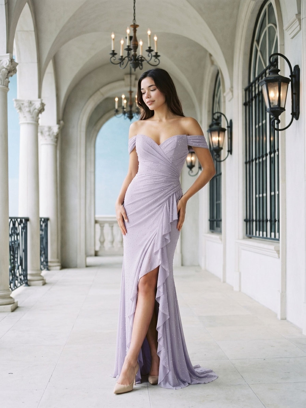 Lavender Tulle Mermaid Off-Shoulder Back Zip Floor Dress with Pleating