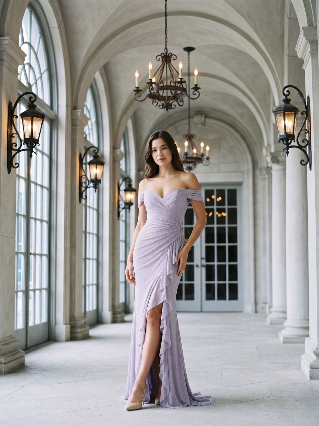 Lavender Tulle Mermaid Off-Shoulder Back Zip Floor Dress with Pleating