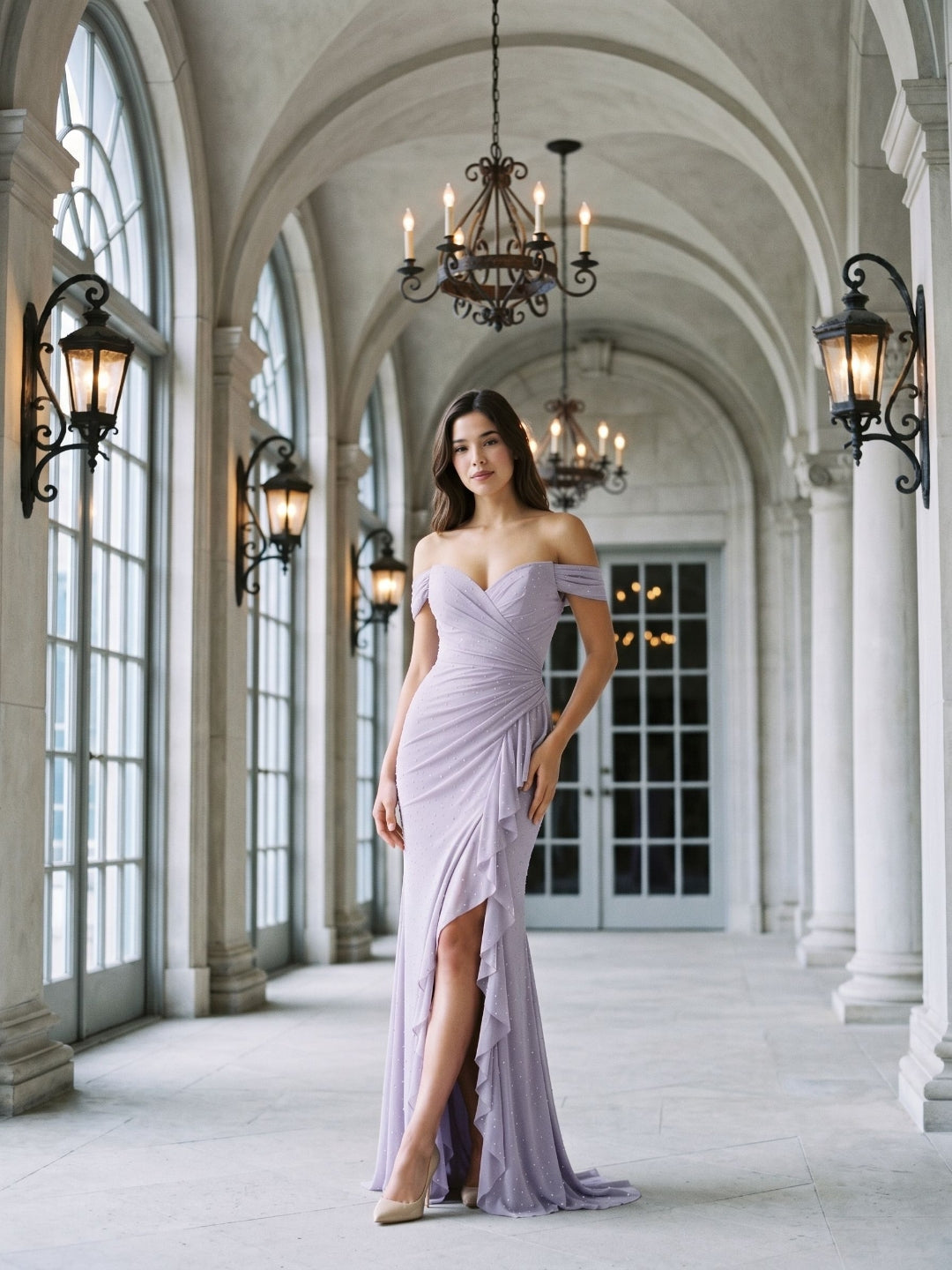 Lavender Tulle Mermaid Off-Shoulder Back Zip Floor Dress with Pleating