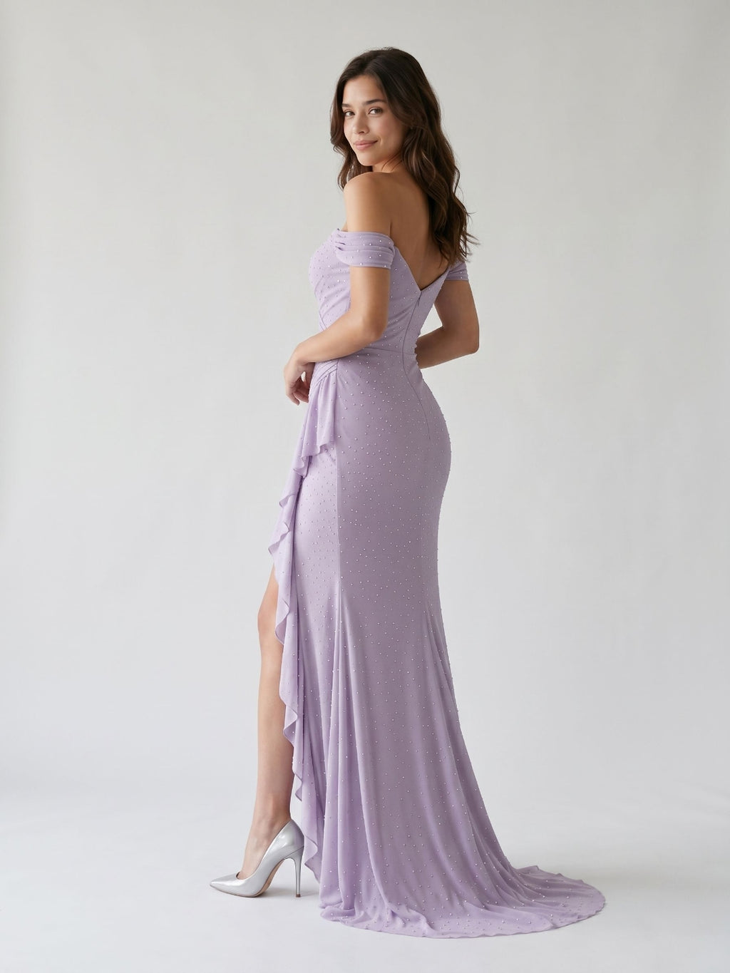 Lavender Tulle Mermaid Off-Shoulder Back Zip Floor Dress with Pleating