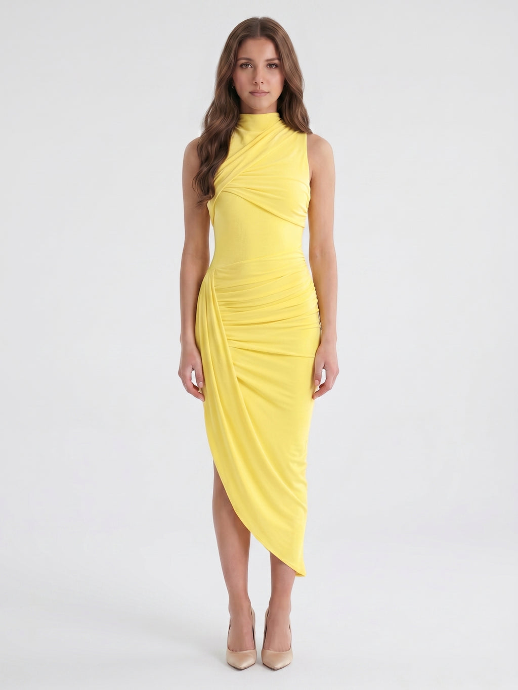 Lemon Stretch Knit Sheath Square Neck Backless Asymmetrical Bridesmaid Dress with Pleats