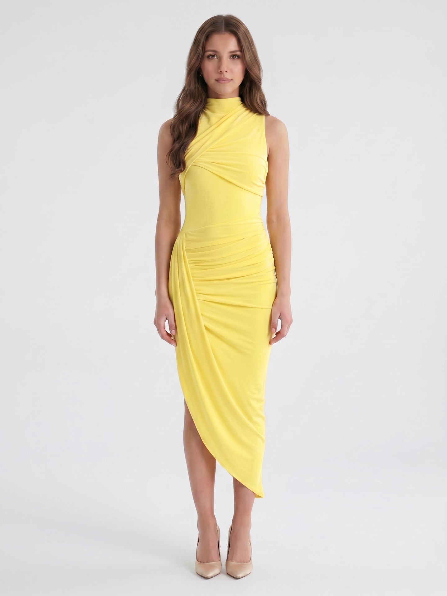 Lemon Stretch Knit Sheath Square Neck Backless Asymmetrical Bridesmaid Dress with Pleats