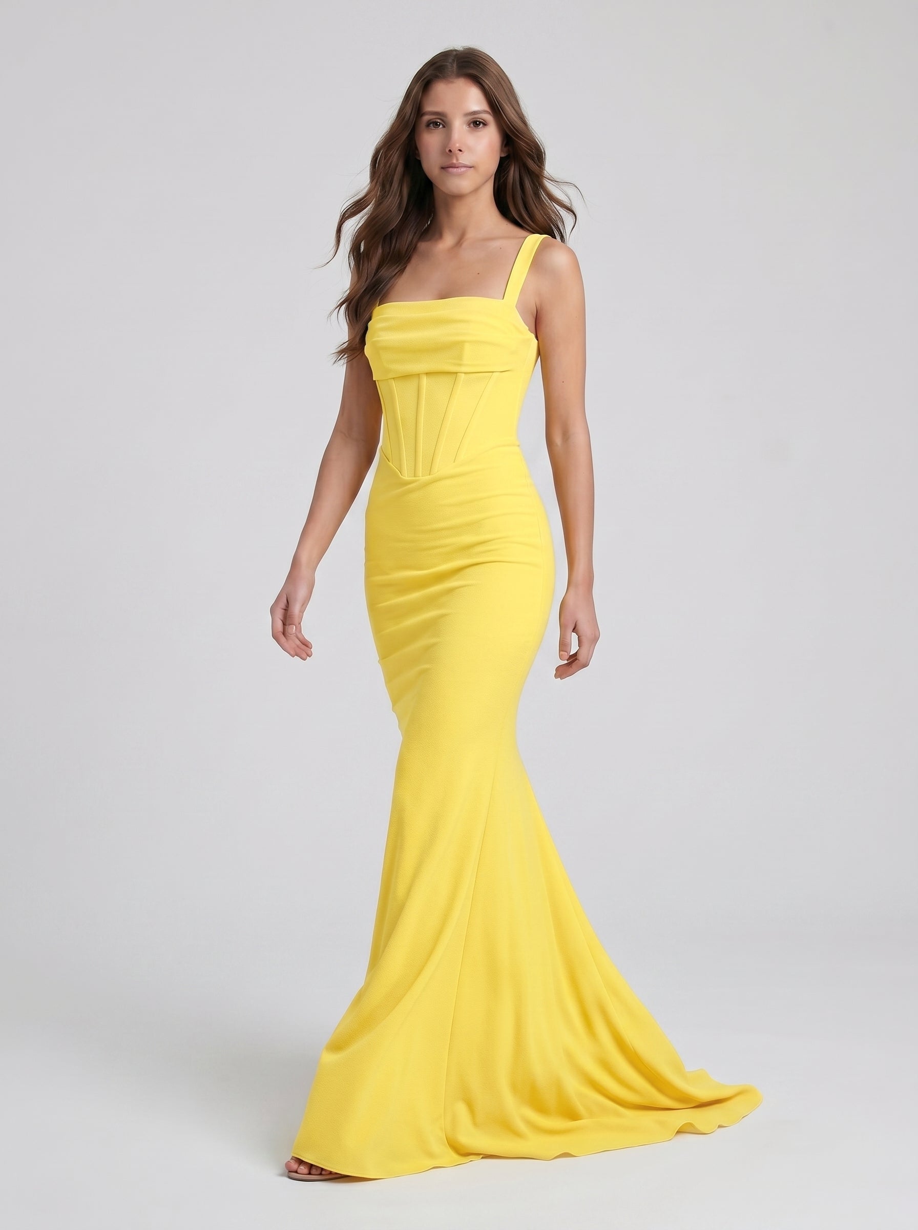 Lemon Stretch Knit Sheath Square Neck Corset Back Floor Bridesmaid Dress with Pleats
