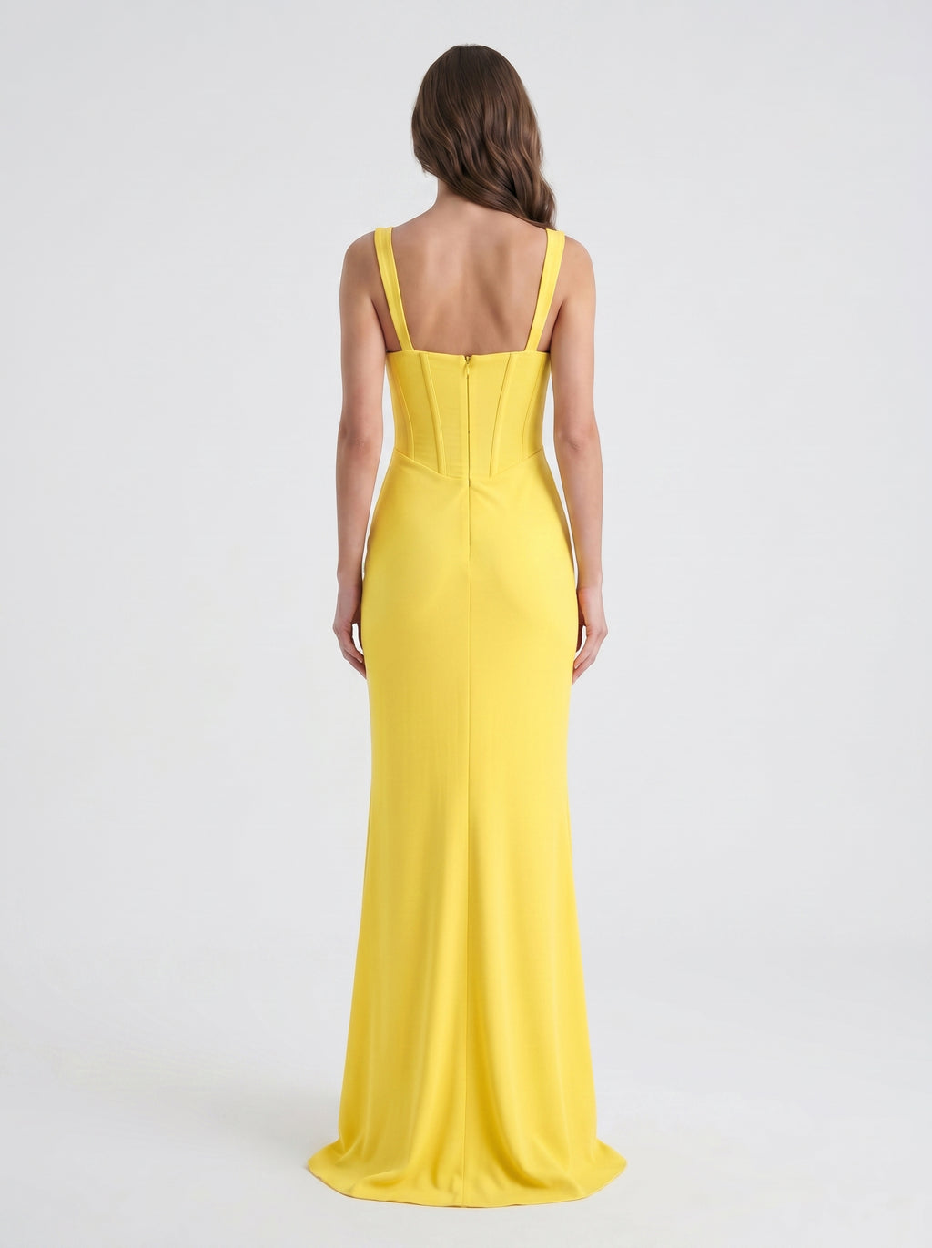 Lemon Stretch Knit Sheath Square Neck Corset Back Floor Bridesmaid Dress with Pleats