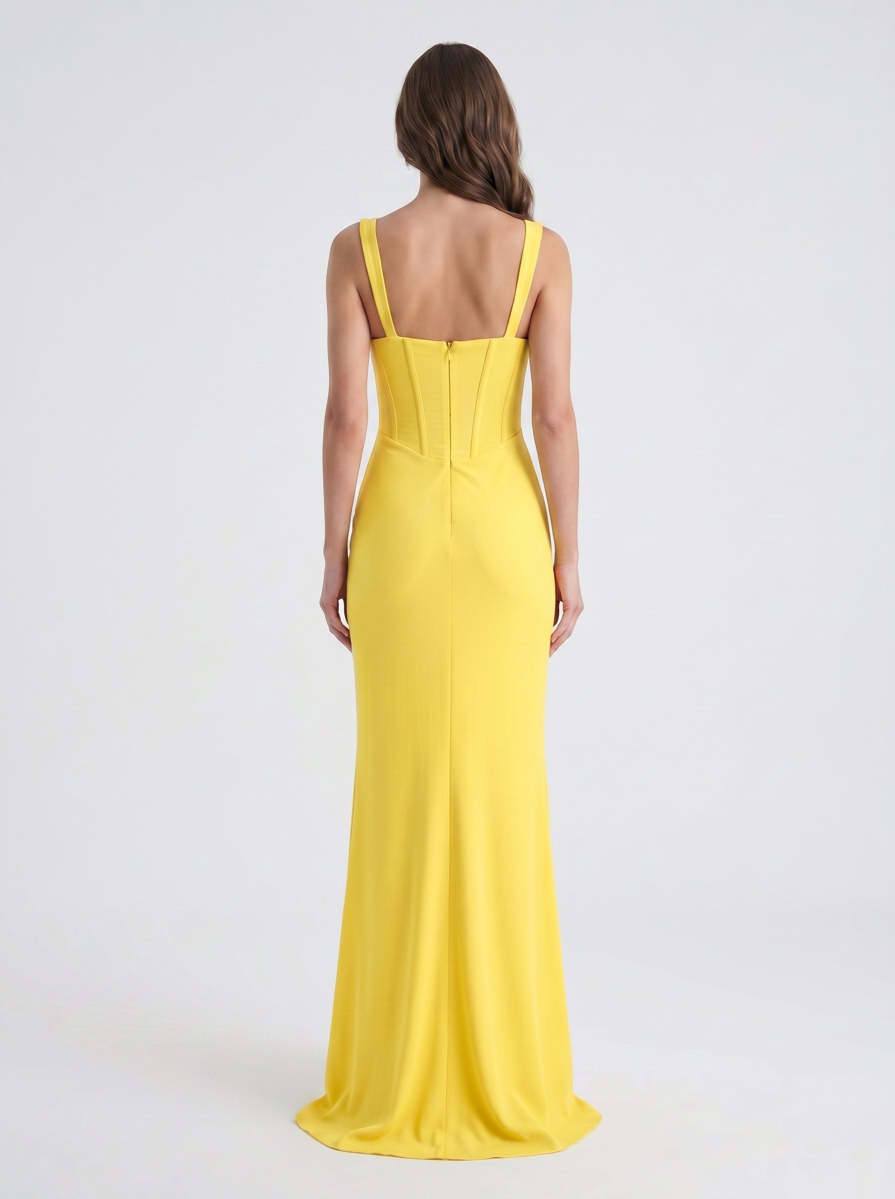 Lemon Stretch Knit Sheath Square Neck Corset Back Floor Bridesmaid Dress with Pleats