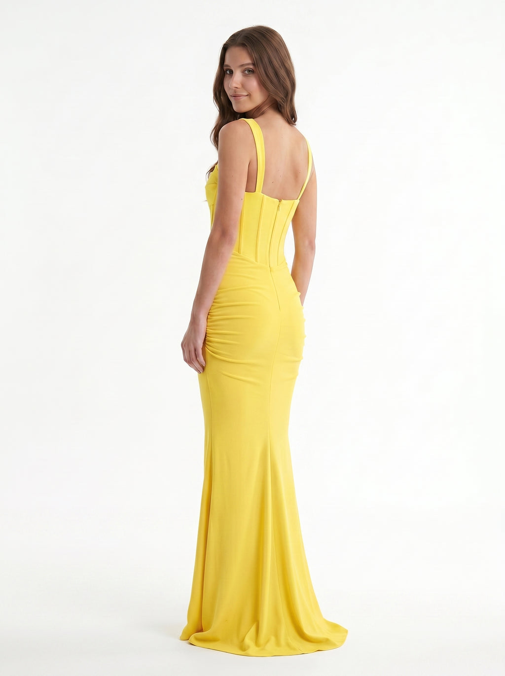 Lemon Stretch Knit Sheath Square Neck Corset Back Floor Bridesmaid Dress with Pleats