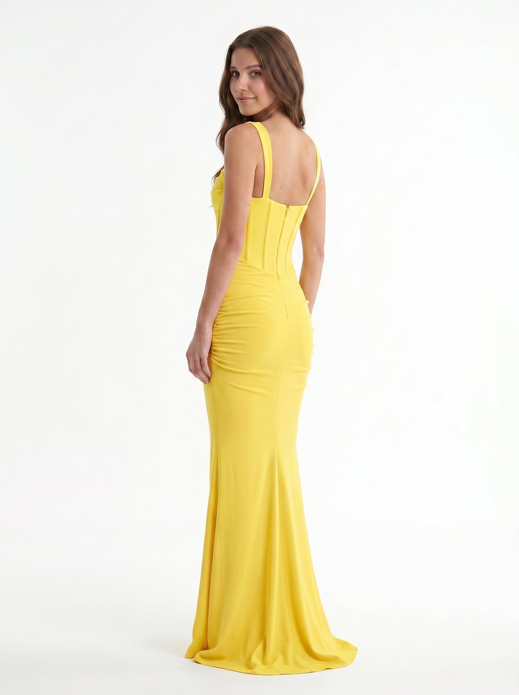 Lemon Stretch Knit Sheath Square Neck Corset Back Floor Bridesmaid Dress with Pleats