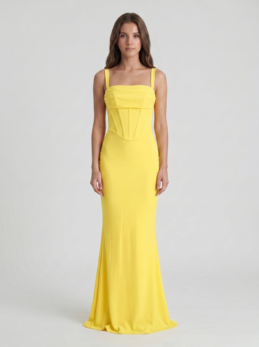 Lemon Stretch Knit Sheath Square Neck Corset Back Floor Bridesmaid Dress with Pleats
