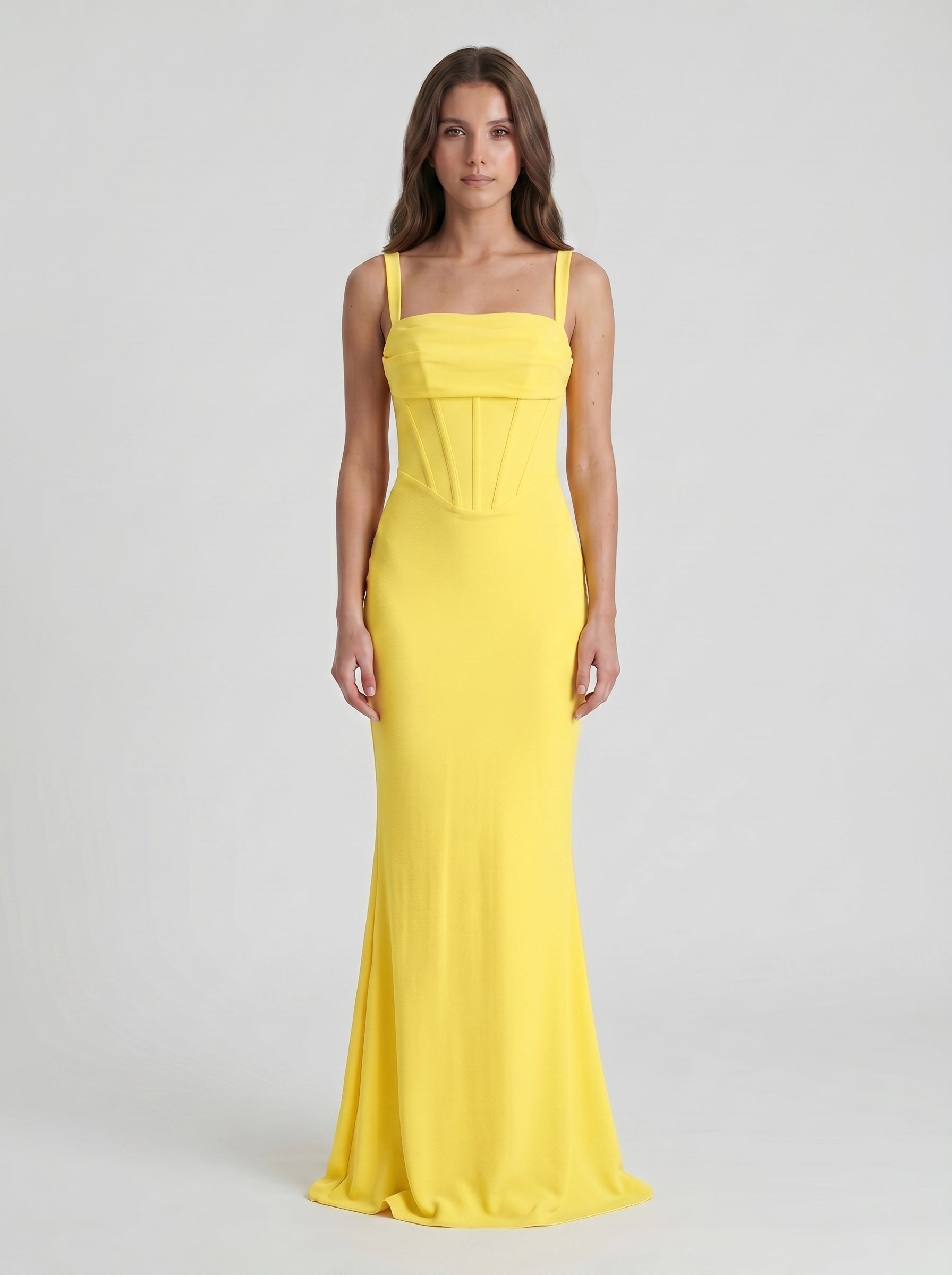Lemon Stretch Knit Sheath Square Neck Corset Back Floor Bridesmaid Dress with Pleats
