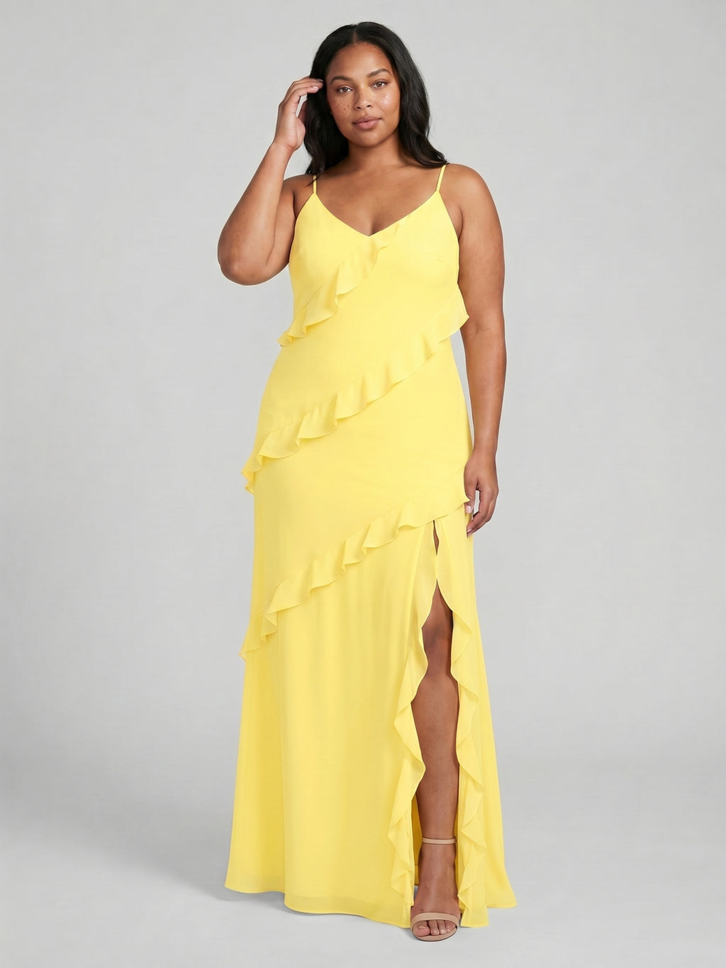 Elegant Lemon Chiffon Sheath V-Neck Backless Ankle-Length Plus Size Bridesmaid Dress