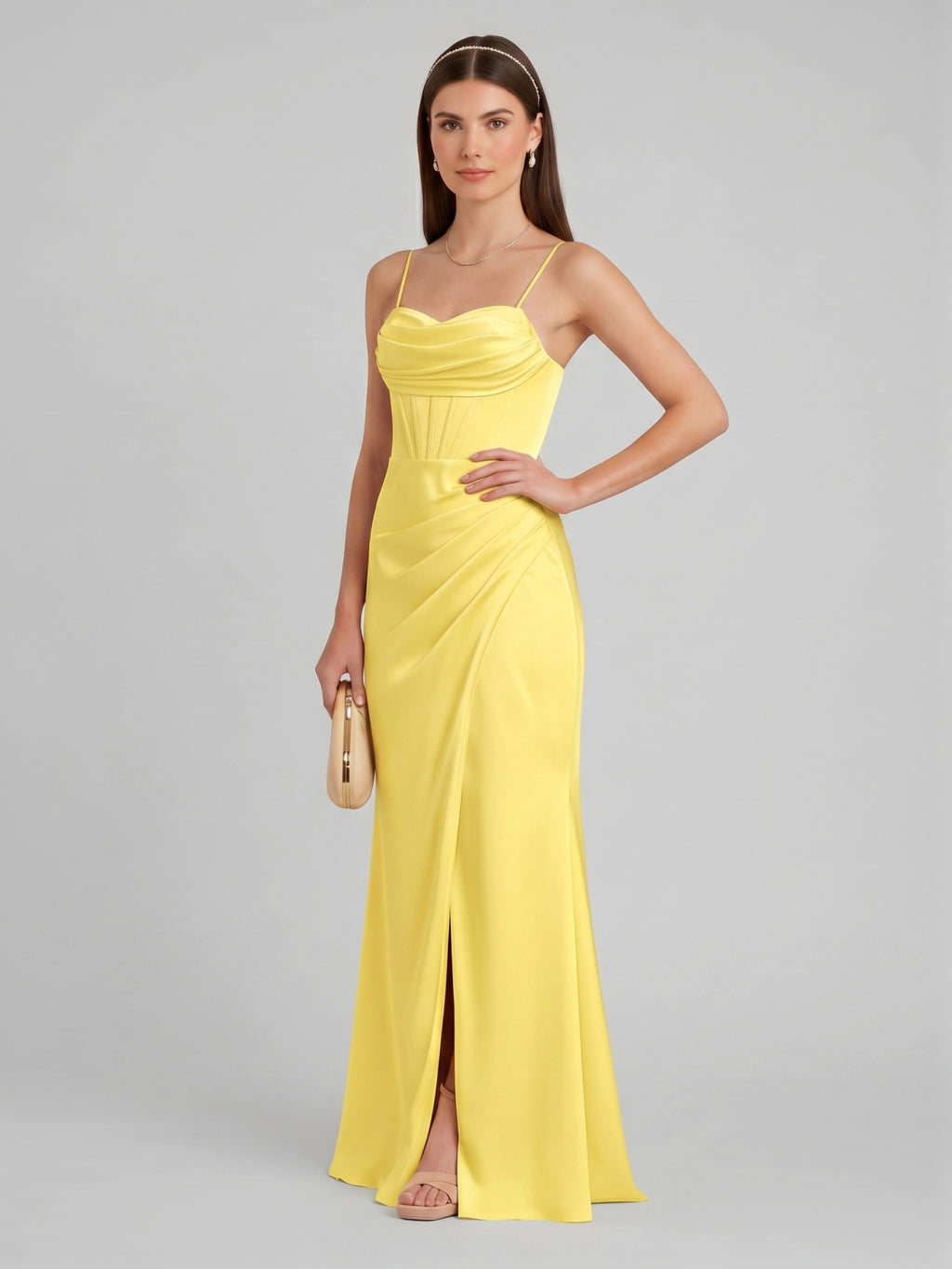 Elegant Lemon Satin Sheath Straight Neck Back Zip Ankle-Length Bridesmaid Dress