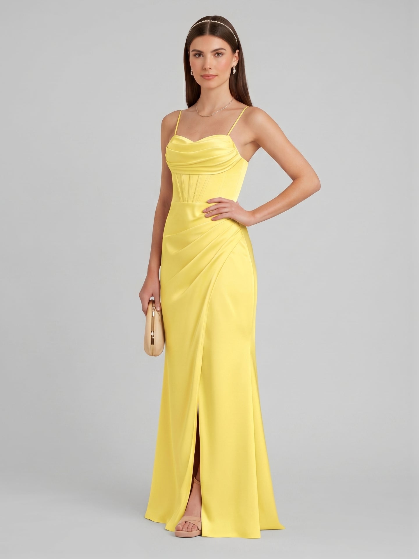 Elegant Lemon Satin Sheath Straight Neck Back Zip Ankle-Length Bridesmaid Dress