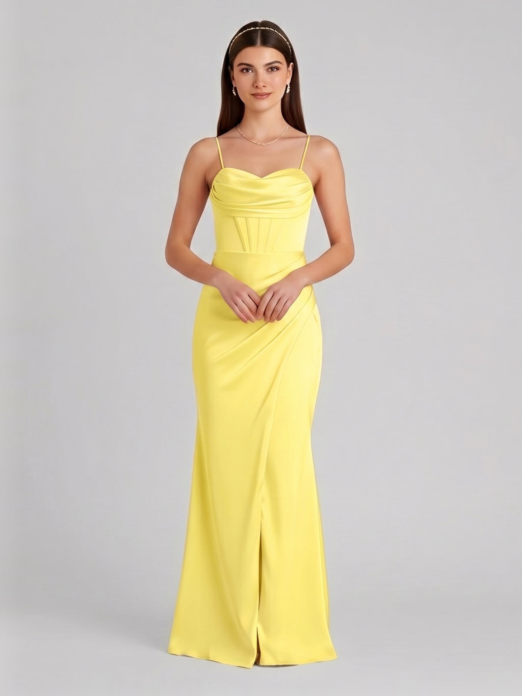 Elegant Lemon Satin Sheath Straight Neck Back Zip Ankle-Length Bridesmaid Dress