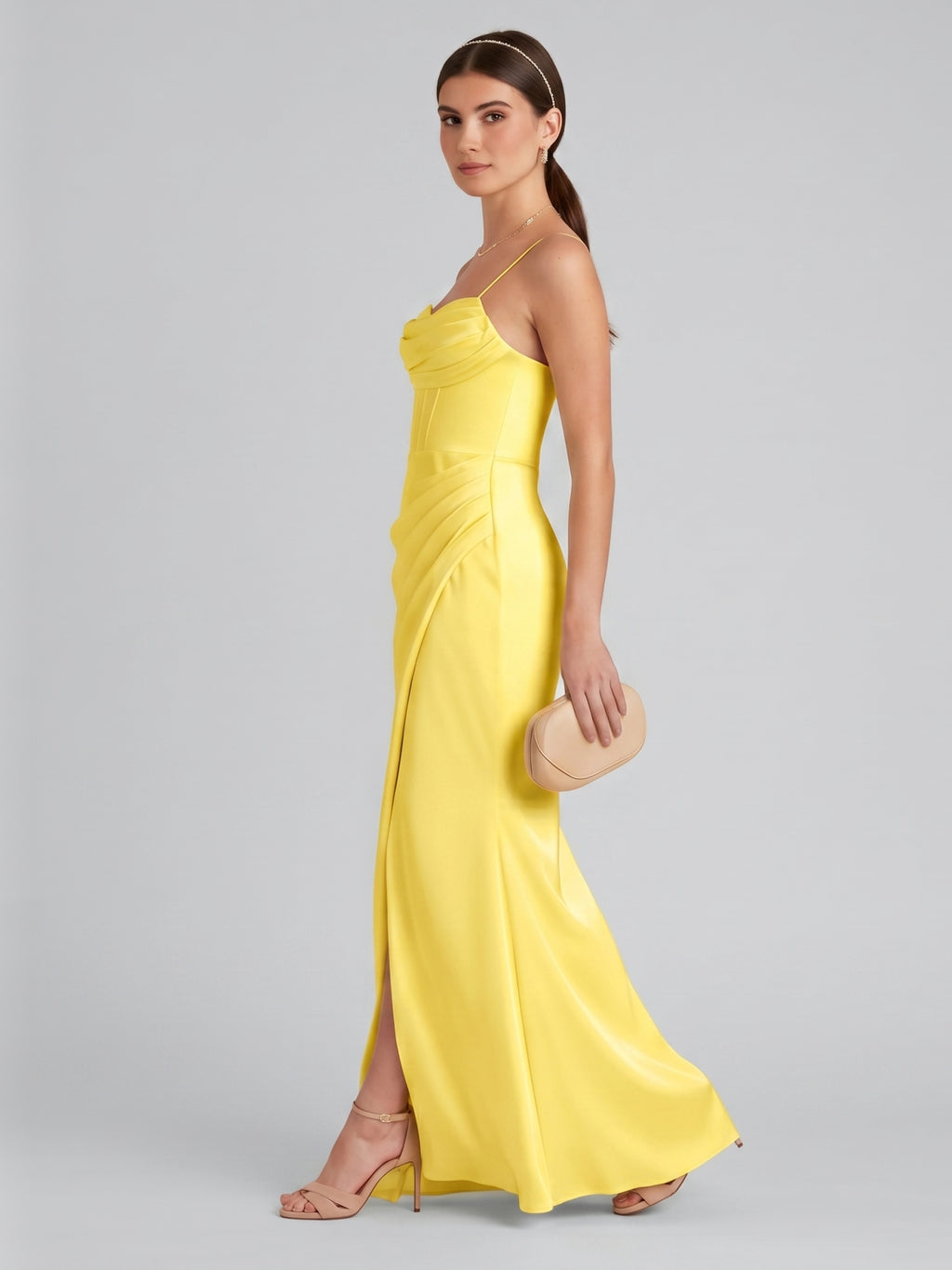 Elegant Lemon Satin Sheath Straight Neck Back Zip Ankle-Length Bridesmaid Dress