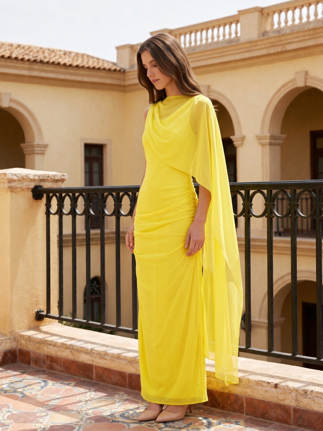 Lemon Chiffon A-Line Cowl Neck Backless Floor Bridesmaid Dress with 3D Flower