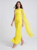 Lemon Chiffon A-Line Cowl Neck Backless Floor Bridesmaid Dress with 3D Flower