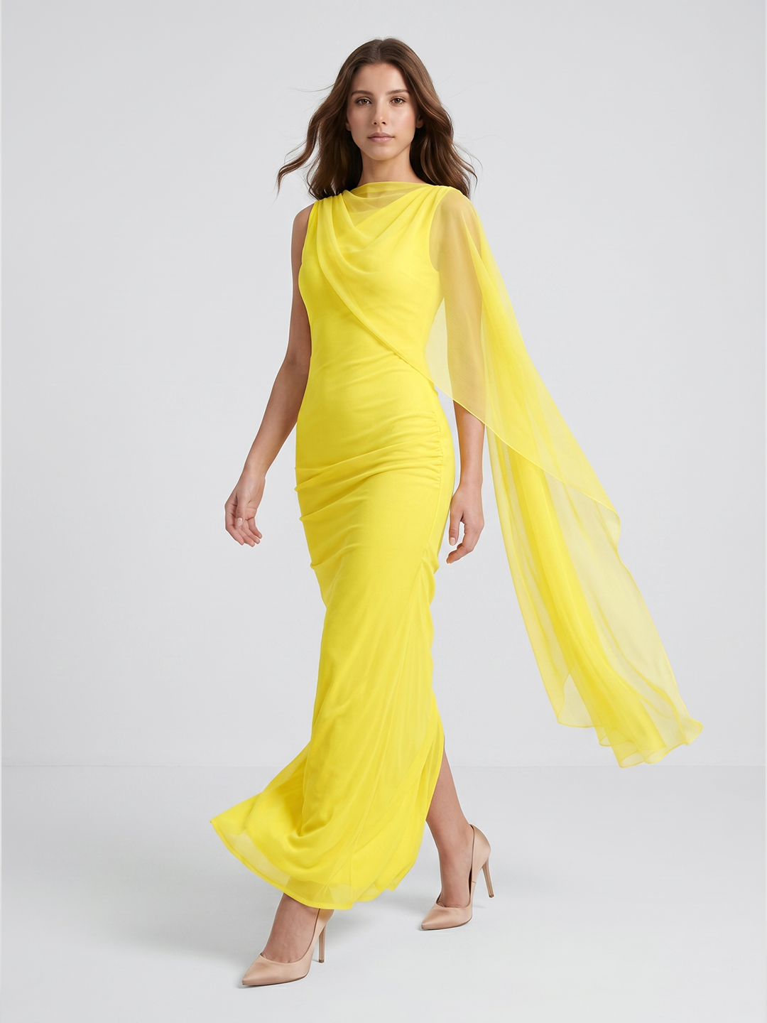Lemon Chiffon A-Line Cowl Neck Backless Floor Bridesmaid Dress with 3D Flower