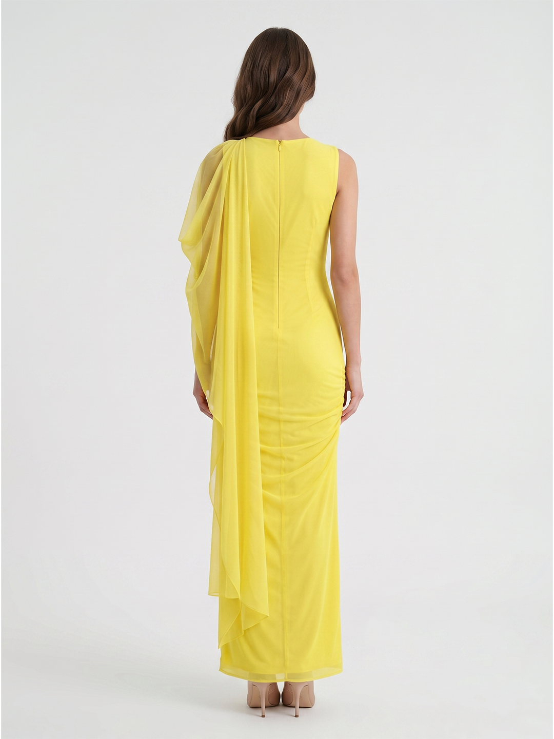 Lemon Chiffon A-Line Cowl Neck Backless Floor Bridesmaid Dress with 3D Flower