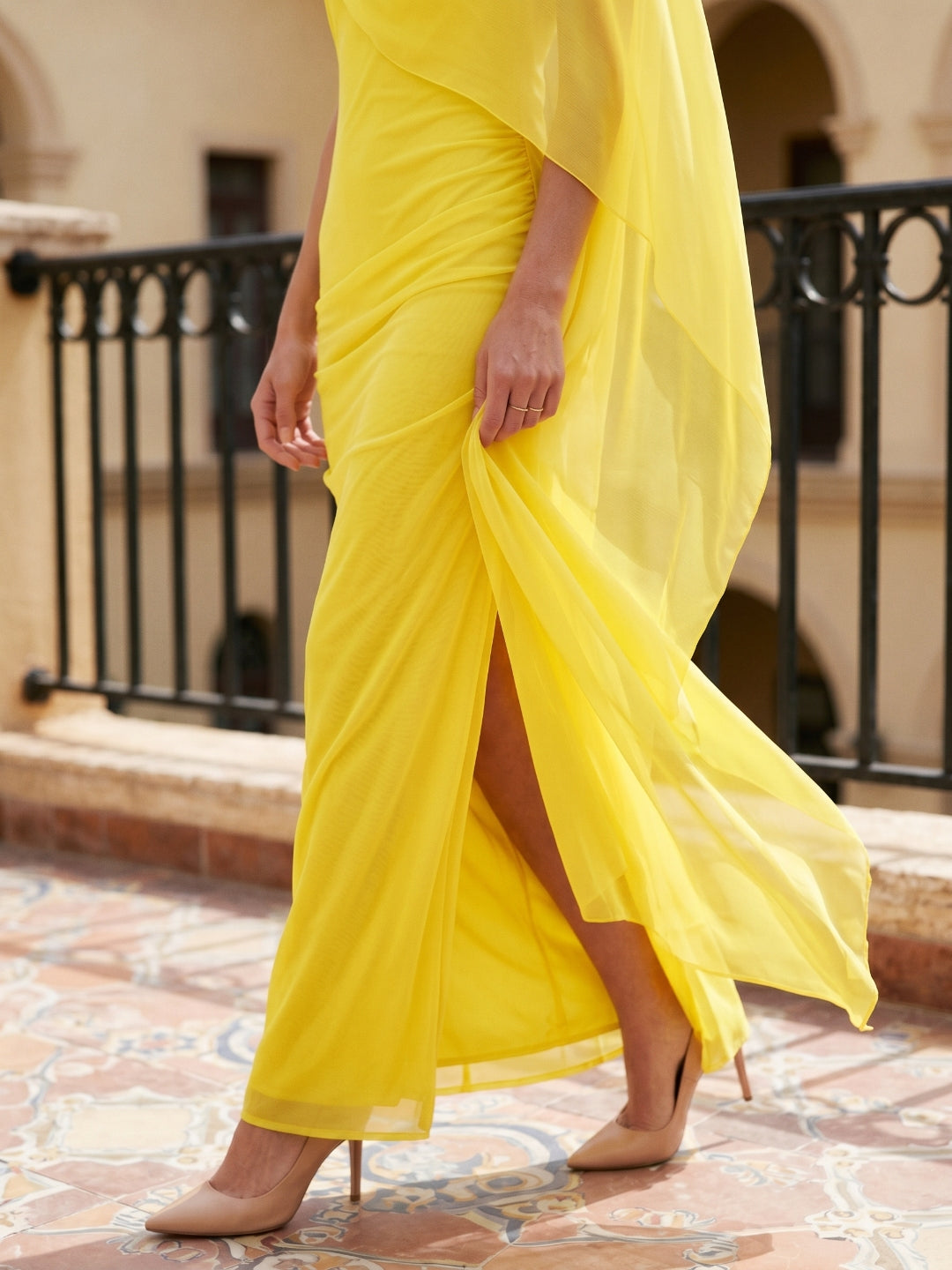 Lemon Chiffon A-Line Cowl Neck Backless Floor Bridesmaid Dress with 3D Flower