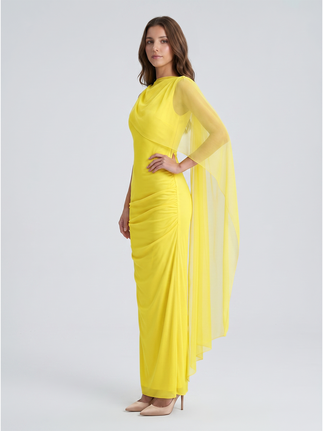 Lemon Chiffon A-Line Cowl Neck Backless Floor Bridesmaid Dress with 3D Flower