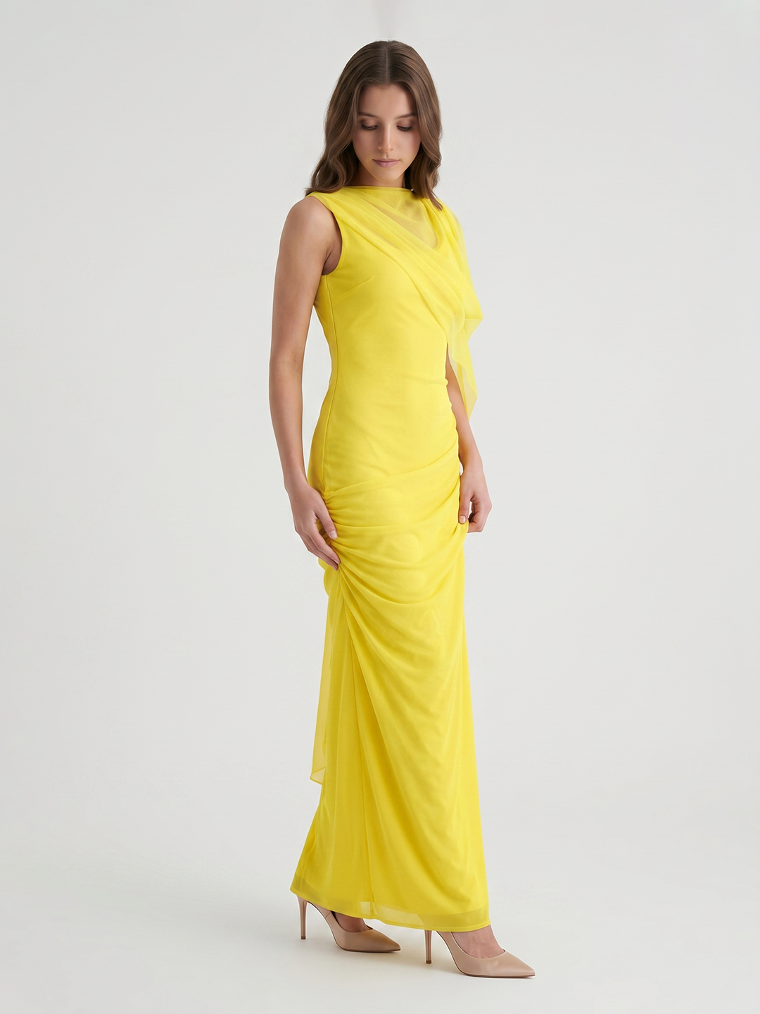 Lemon Chiffon A-Line Cowl Neck Backless Floor Bridesmaid Dress with 3D Flower