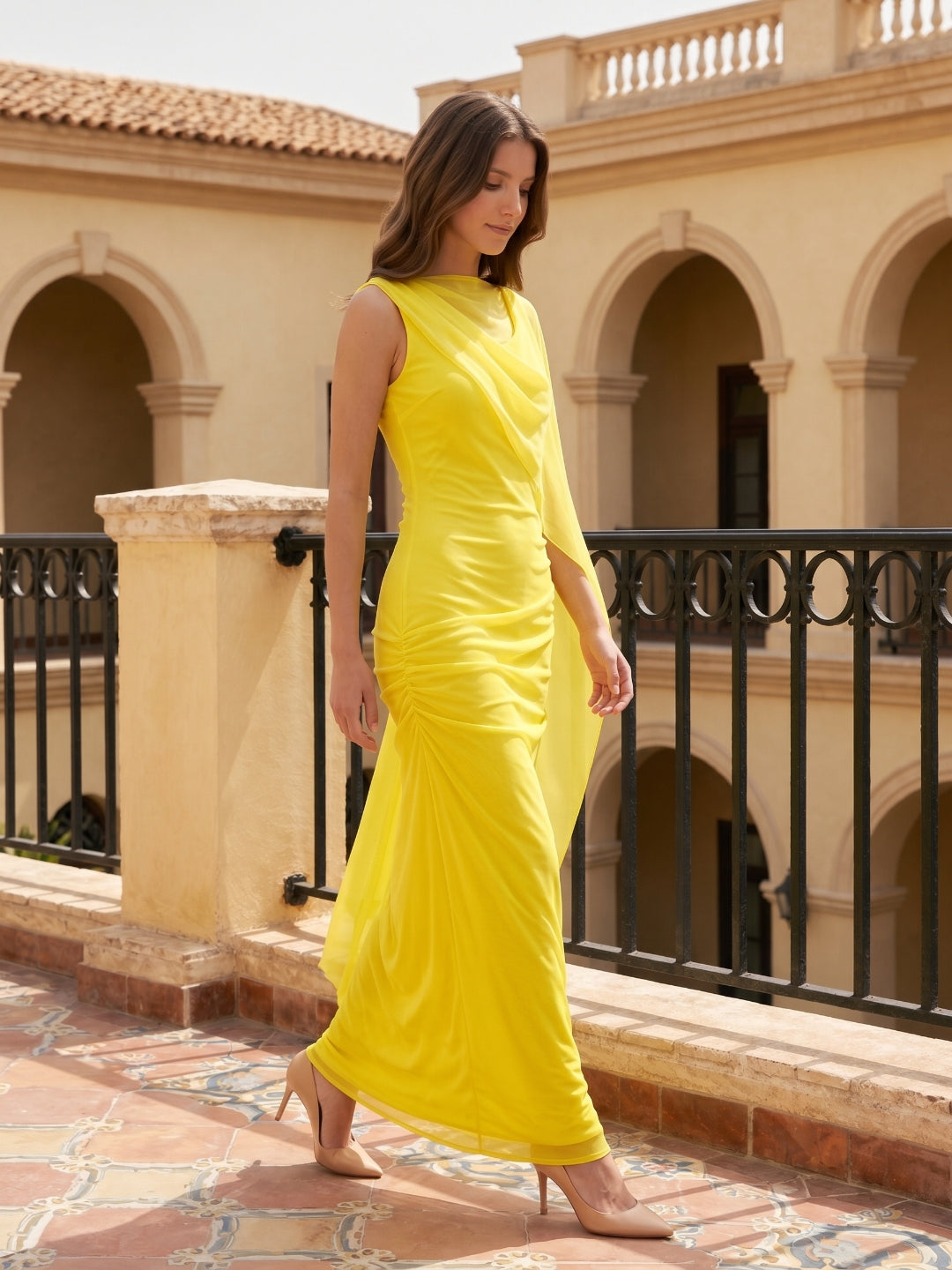 Lemon Chiffon A-Line Cowl Neck Backless Floor Bridesmaid Dress with 3D Flower